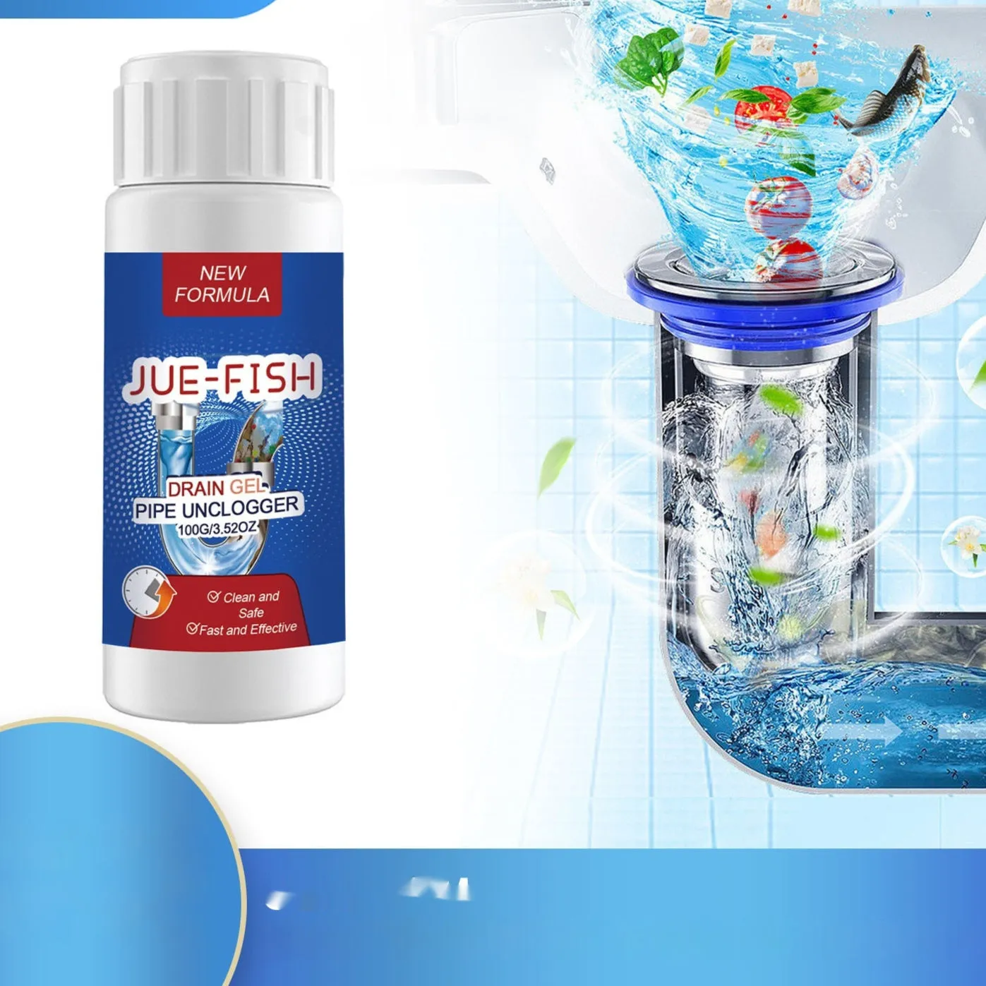 100g pipe dredge agent powder container for cleaning sewer and toilet drains.