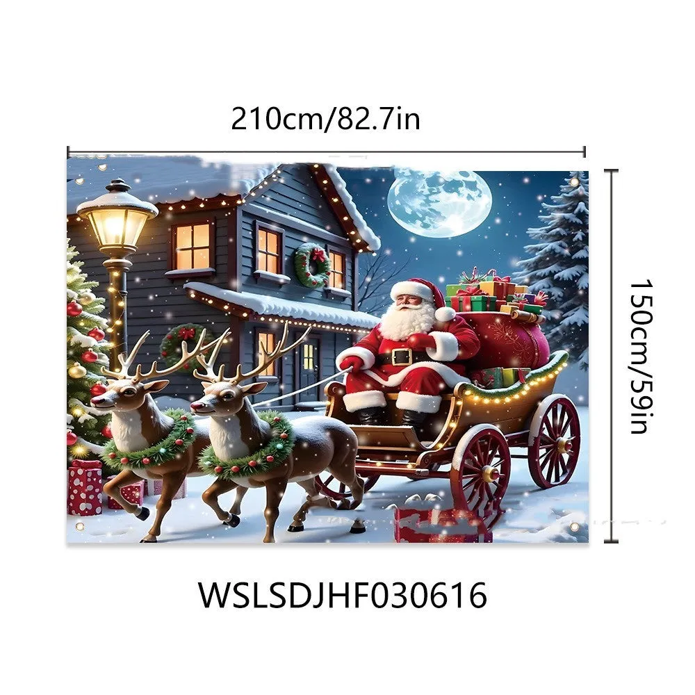 210x150cm Christmas banner with Santa Claus, night scene, and gift motifs printed on polyester fabric