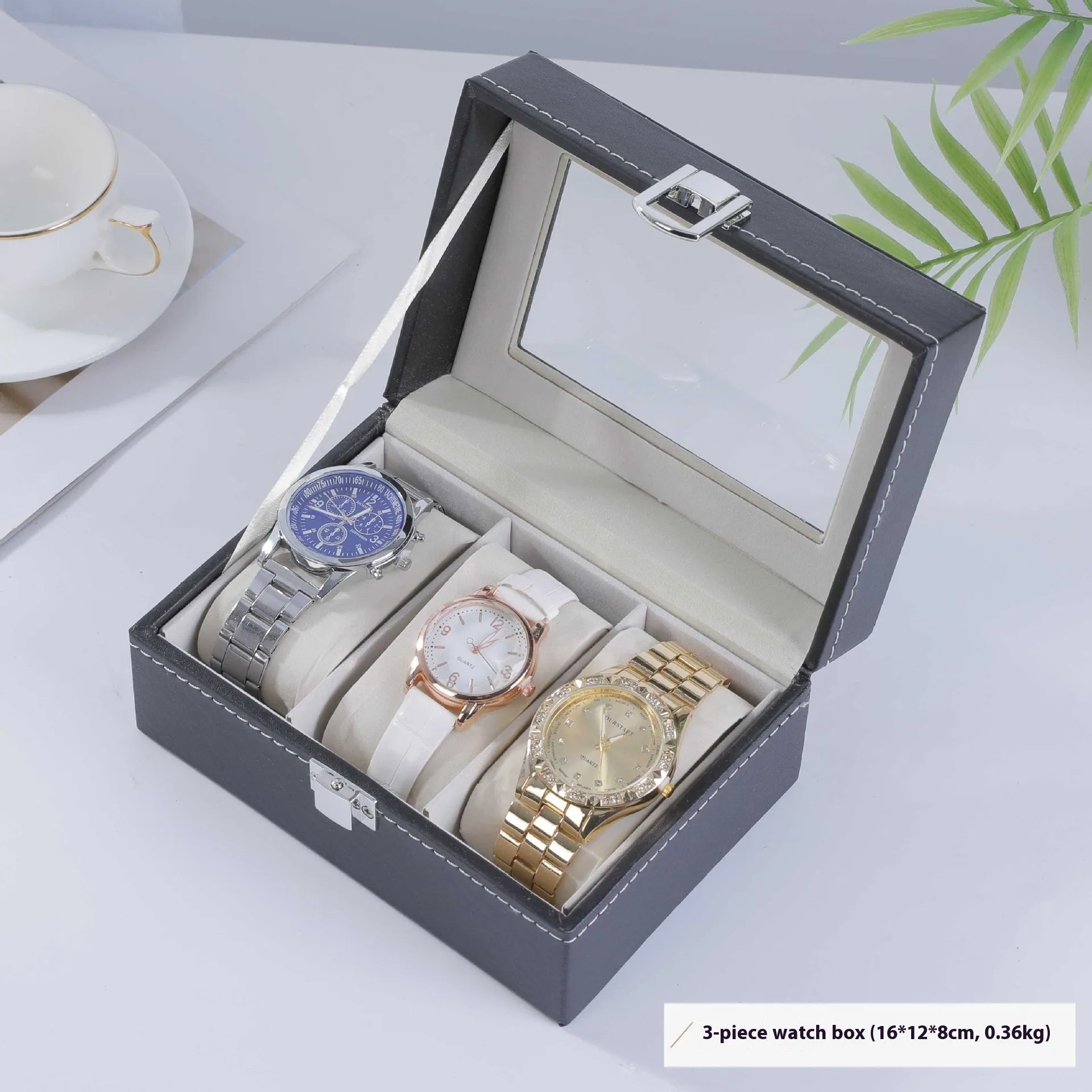 Grey high-grade leather watch storage box with see-through lid showing multiple watch slots.
