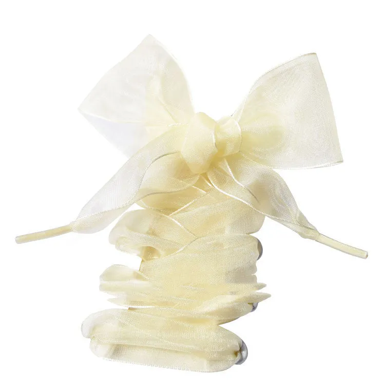 Wide transparent silk shoelaces in 13 colours including wine red, gold, and grass green