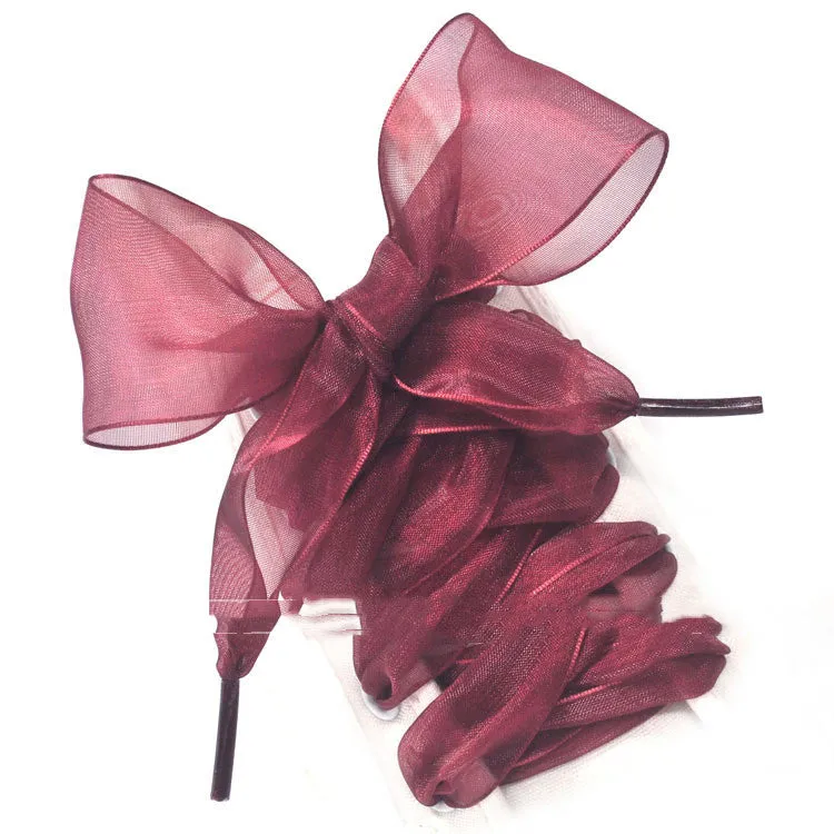Wide transparent silk shoelaces in 13 colours including wine red, gold, and grass green