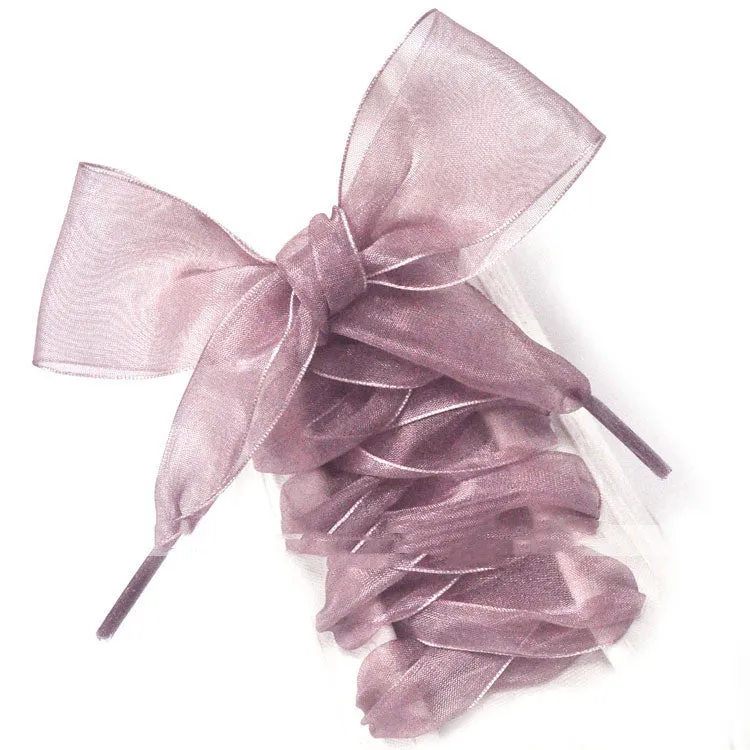 Wide transparent silk shoelaces in 13 colours including wine red, gold, and grass green