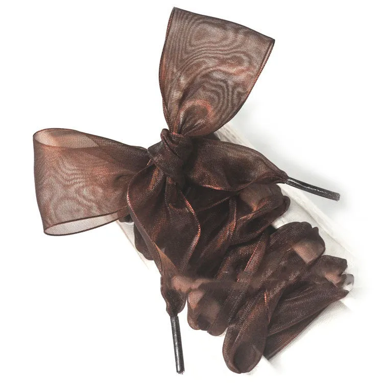 Wide transparent silk shoelaces in 13 colours including wine red, gold, and grass green