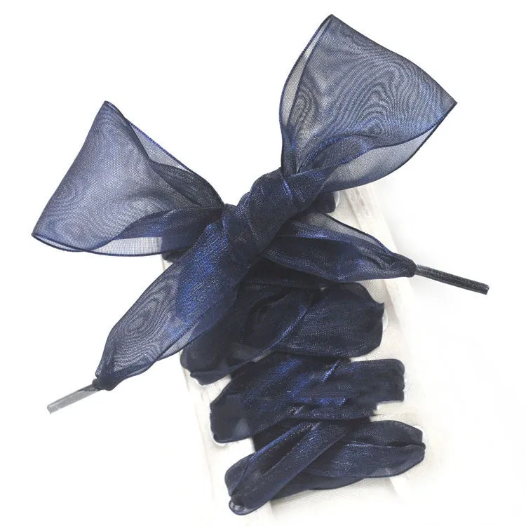 Wide transparent silk shoelaces in 13 colours including wine red, gold, and grass green