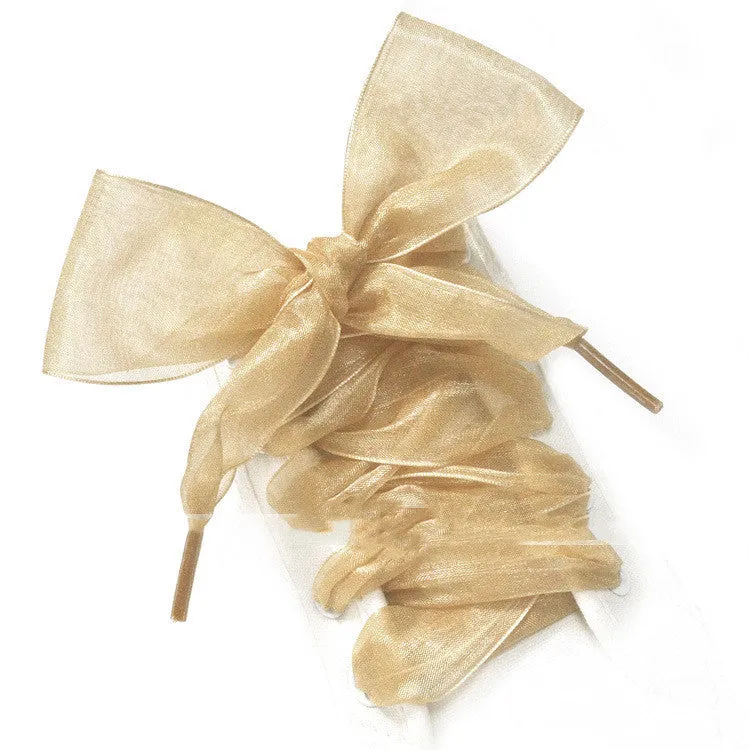 Wide transparent silk shoelaces in 13 colours including wine red, gold, and grass green