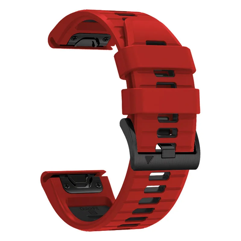 Two-colour quick-release silicone watch strap for Garmin Fenix and Enduro models on a watch case.
