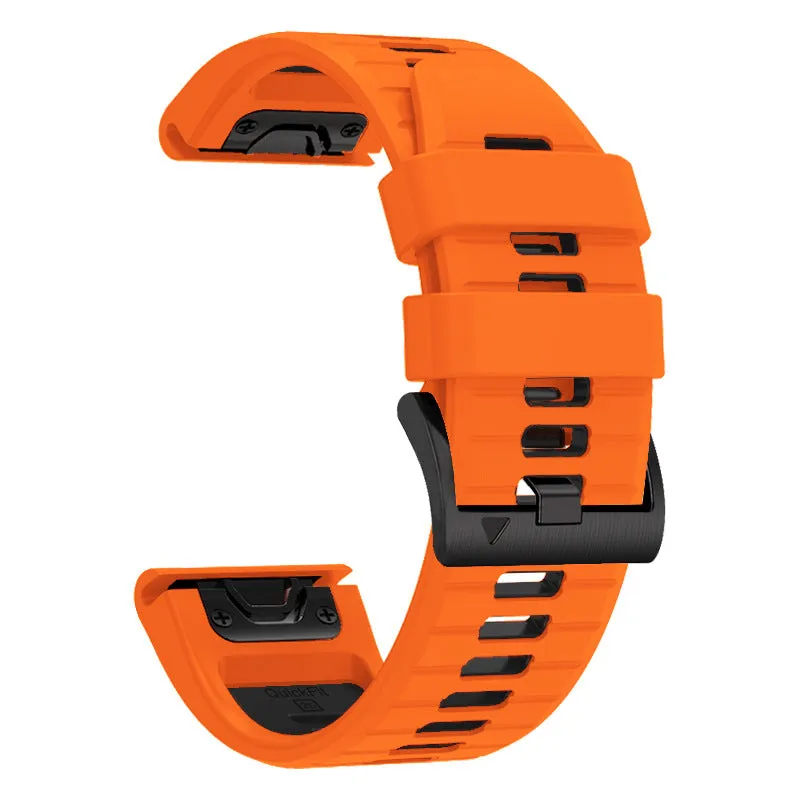 Two-colour quick-release silicone watch strap for Garmin Fenix and Enduro models on a watch case.