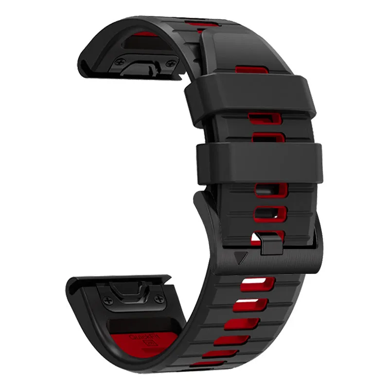 Two-colour quick-release silicone watch strap for Garmin Fenix and Enduro models on a watch case.