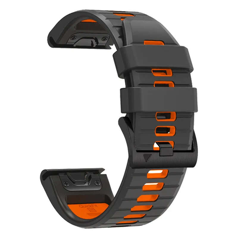 Two-colour quick-release silicone watch strap for Garmin Fenix and Enduro models on a watch case.