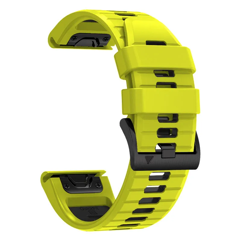 Two-colour quick-release silicone watch strap for Garmin Fenix and Enduro models on a watch case.
