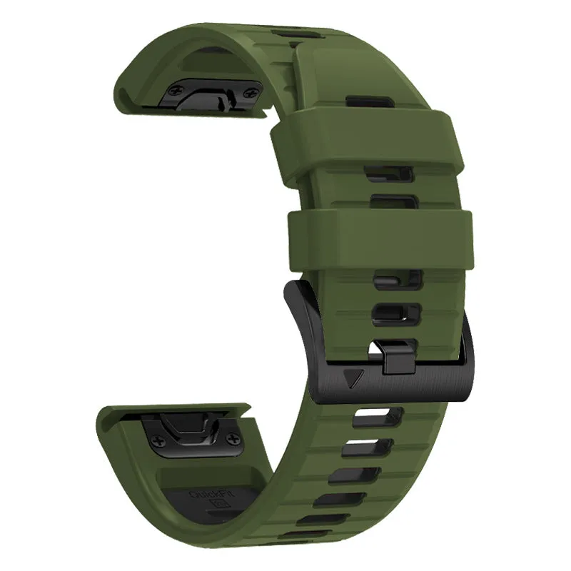 Two-colour quick-release silicone watch strap for Garmin Fenix and Enduro models on a watch case.