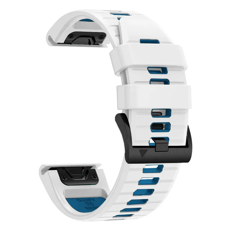 Two-colour quick-release silicone watch strap for Garmin Fenix and Enduro models on a watch case.