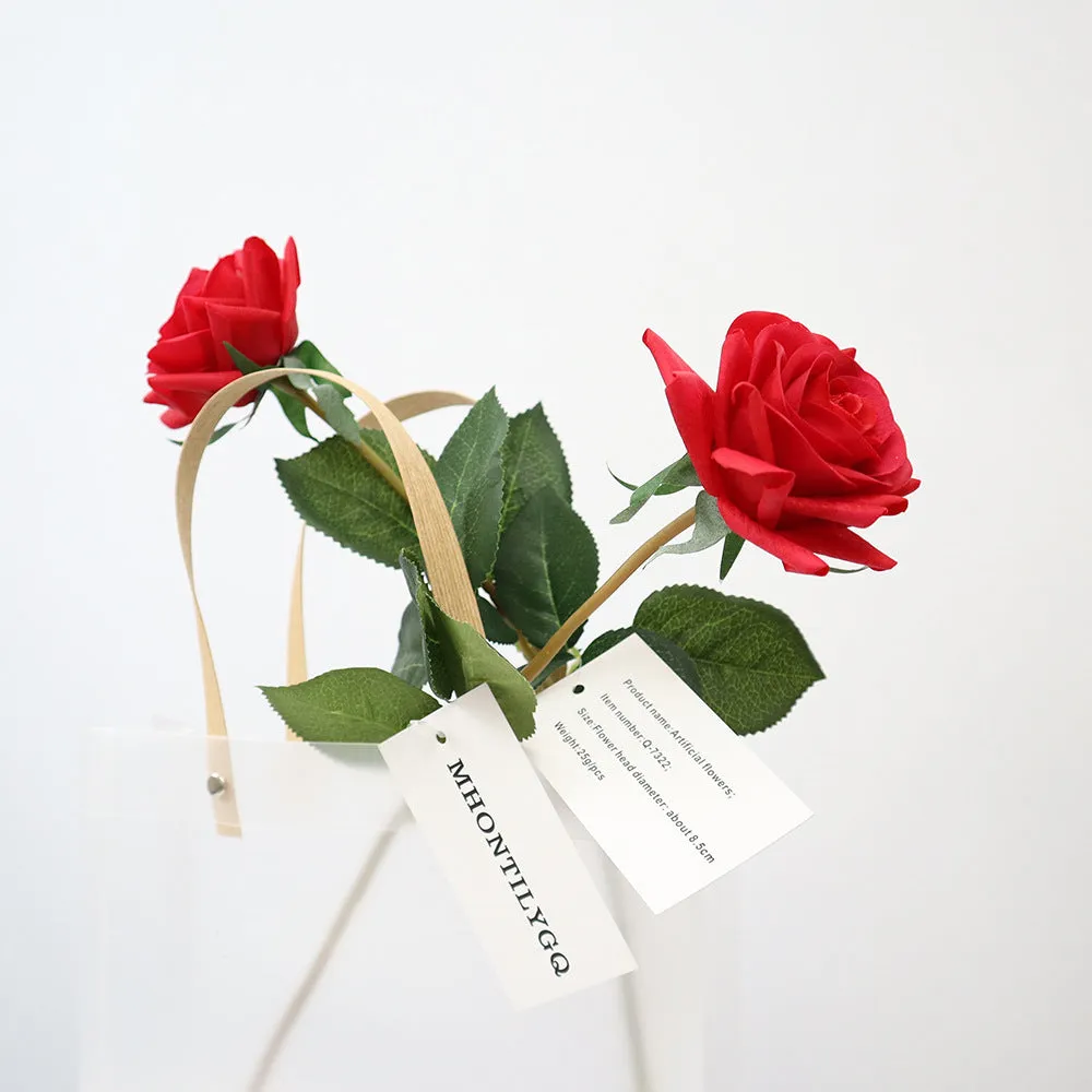 Touch Rose artificial silk flower bouquet with red petals and green stem, showing full 42cm length