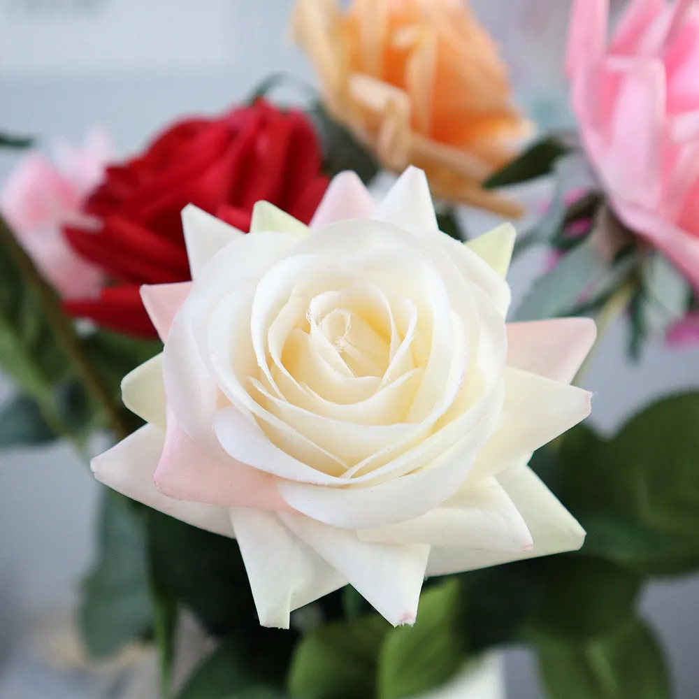Touch Rose artificial silk flower bouquet with red petals and green stem, showing full 42cm length