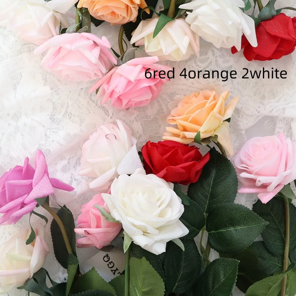 Touch Rose artificial silk flower bouquet with red petals and green stem, showing full 42cm length