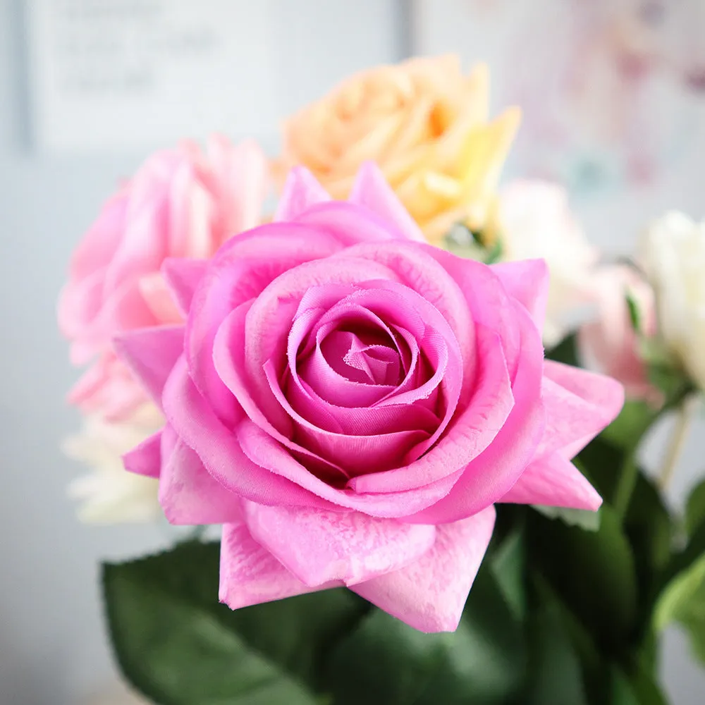Touch Rose artificial silk flower bouquet with red petals and green stem, showing full 42cm length