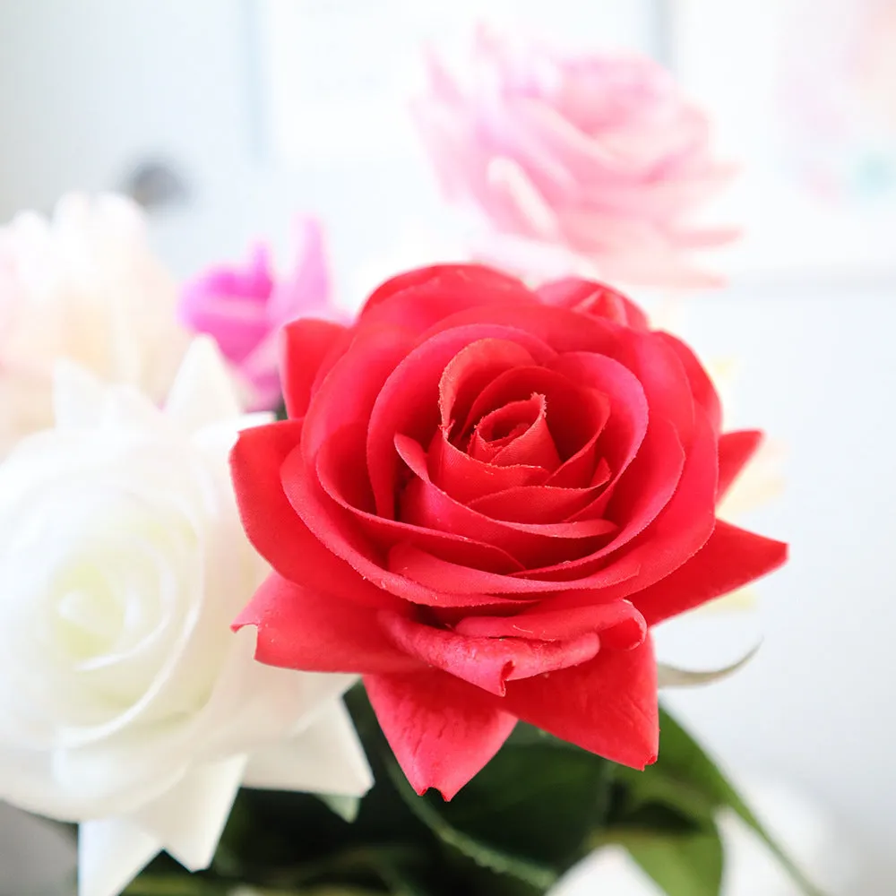 Touch Rose artificial silk flower bouquet with red petals and green stem, showing full 42cm length