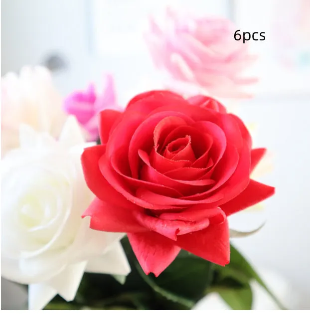 Touch Rose artificial silk flower bouquet with red petals and green stem, showing full 42cm length