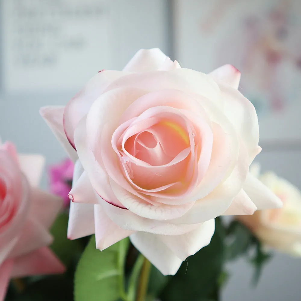 Touch Rose artificial silk flower bouquet with red petals and green stem, showing full 42cm length
