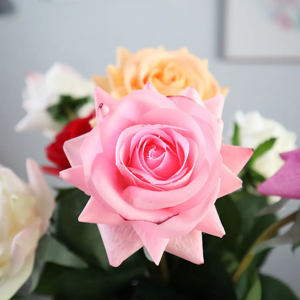 Touch Rose artificial silk flower bouquet with red petals and green stem, showing full 42cm length