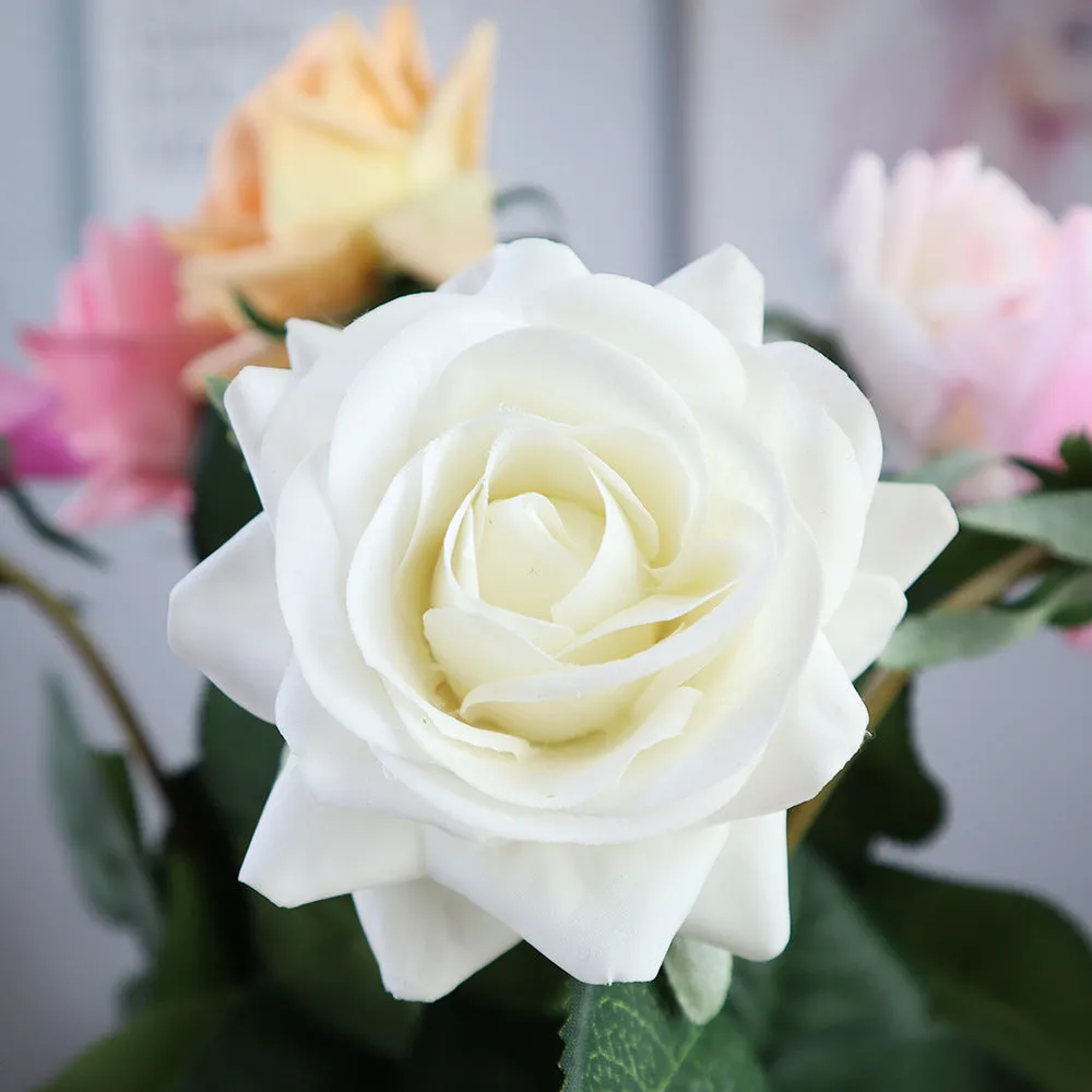 Touch Rose artificial silk flower bouquet with red petals and green stem, showing full 42cm length