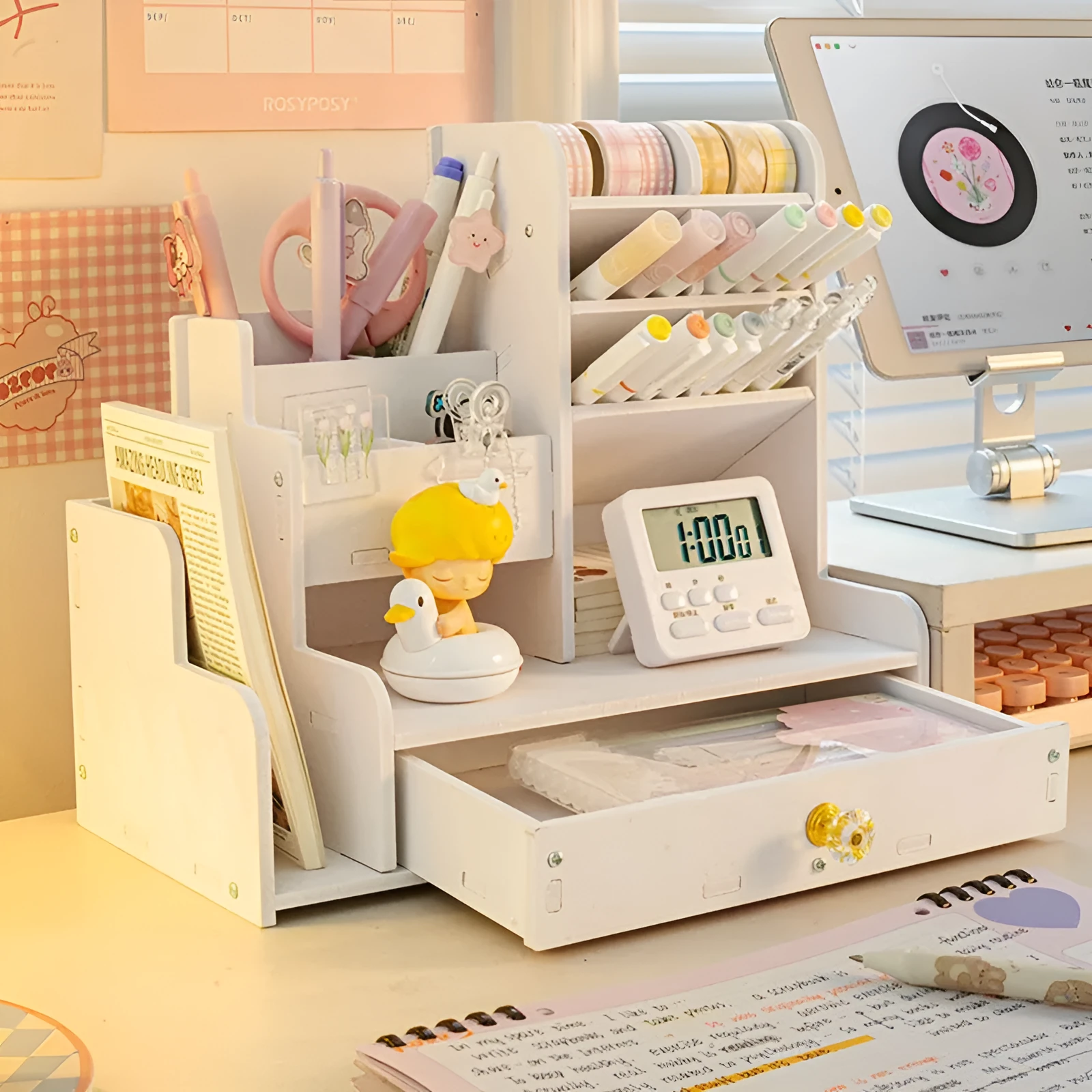 Square plastic oblique insertion pen holder storage box with multiple compartment grids for desk organisation