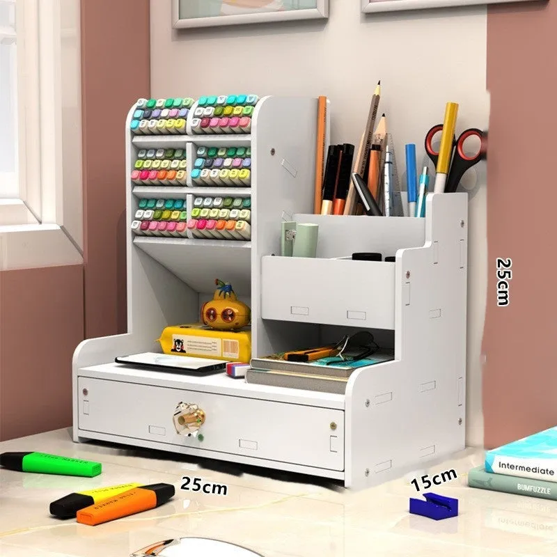 Square plastic oblique insertion pen holder storage box with multiple compartment grids for desk organisation