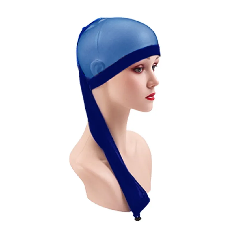 Adjustable mesh wig cap in spandex material showing oversleeve design for custom fit
