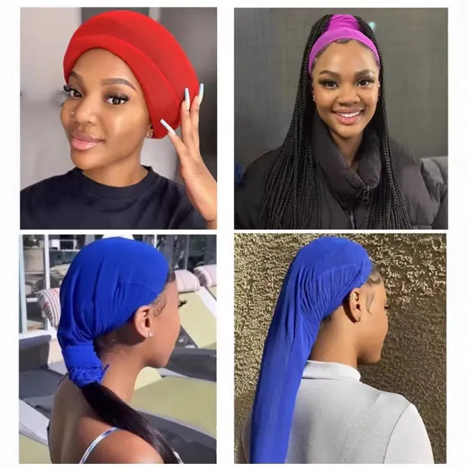 Adjustable mesh wig cap in spandex material showing oversleeve design for custom fit