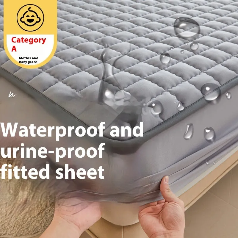 Blue waterproof fitted sheet with elasticated corners on a mattress.