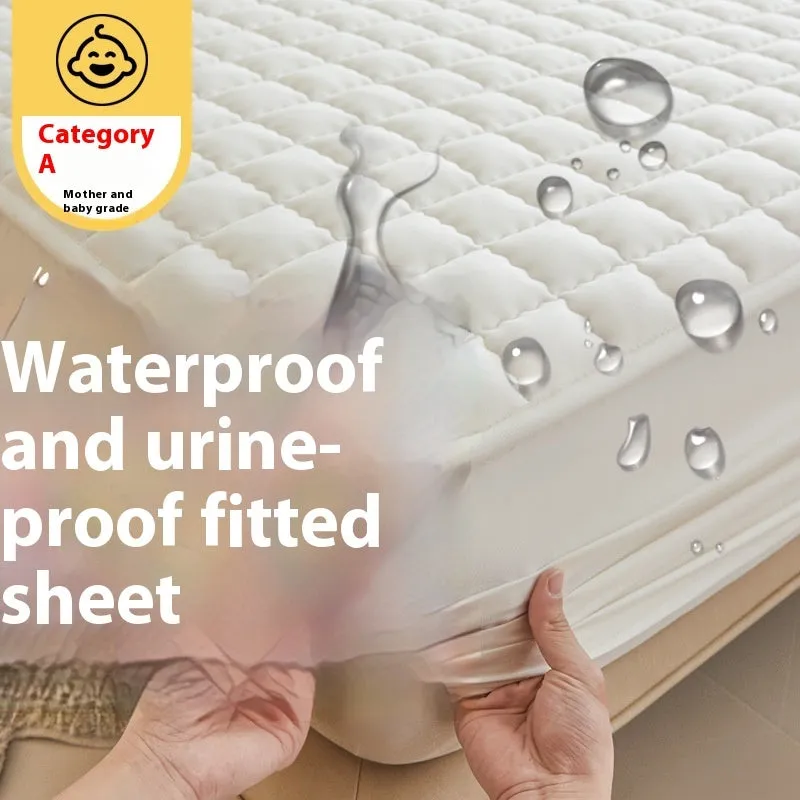 Blue waterproof fitted sheet with elasticated corners on a mattress.
