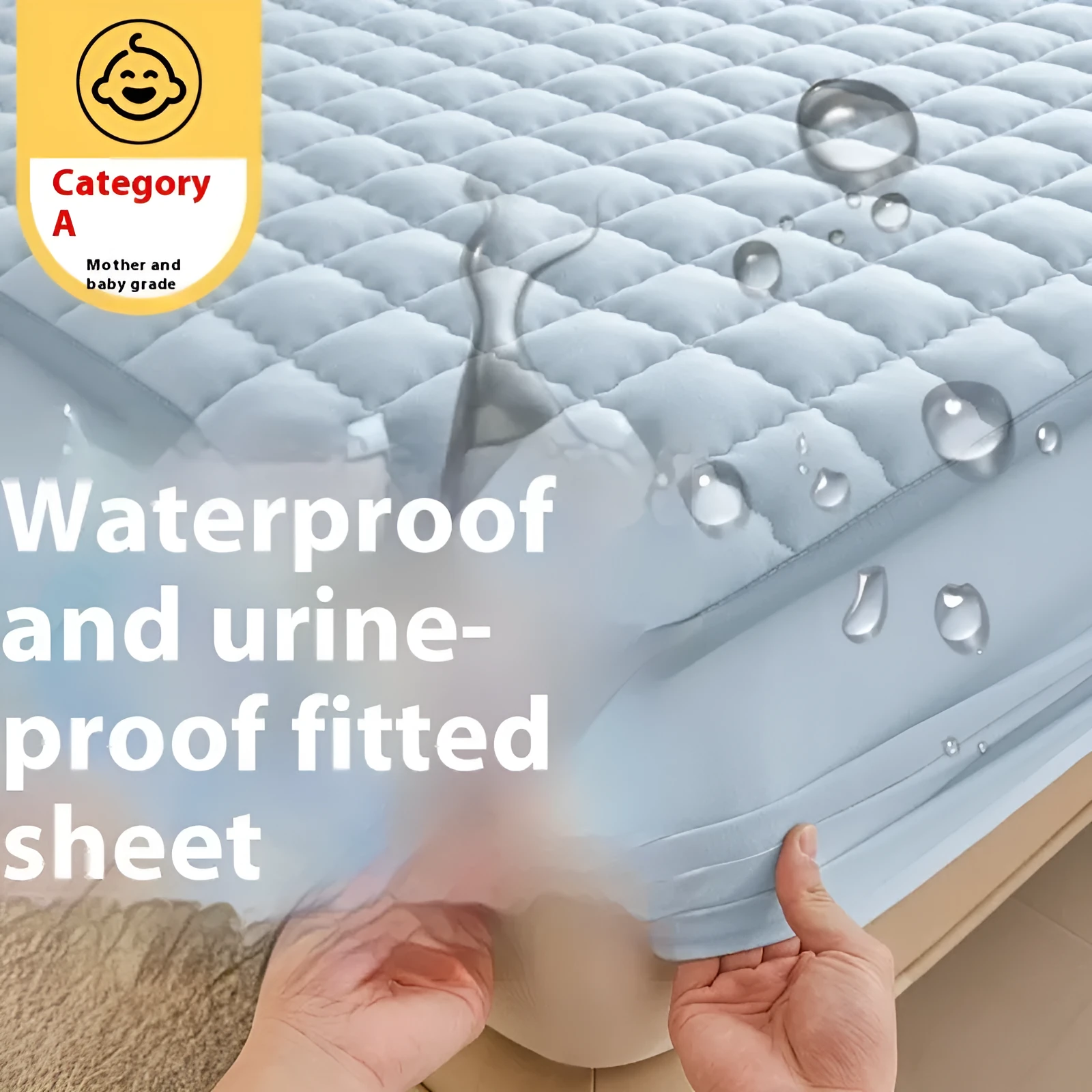 Blue waterproof fitted sheet with elasticated corners on a mattress.