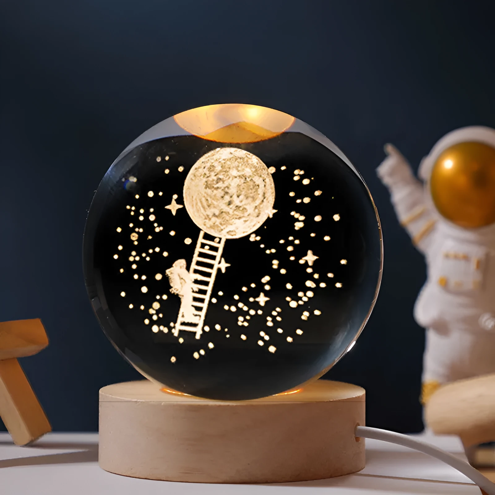 Crystal ball decorative lamp projecting starry sky pattern on wooden base desktop night light