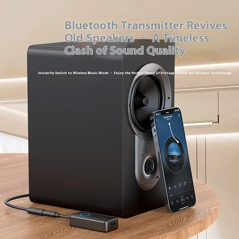 Black Bluetooth 5.4 audio adapter with a 3.5mm plug for wireless streaming to speakers and headphones.