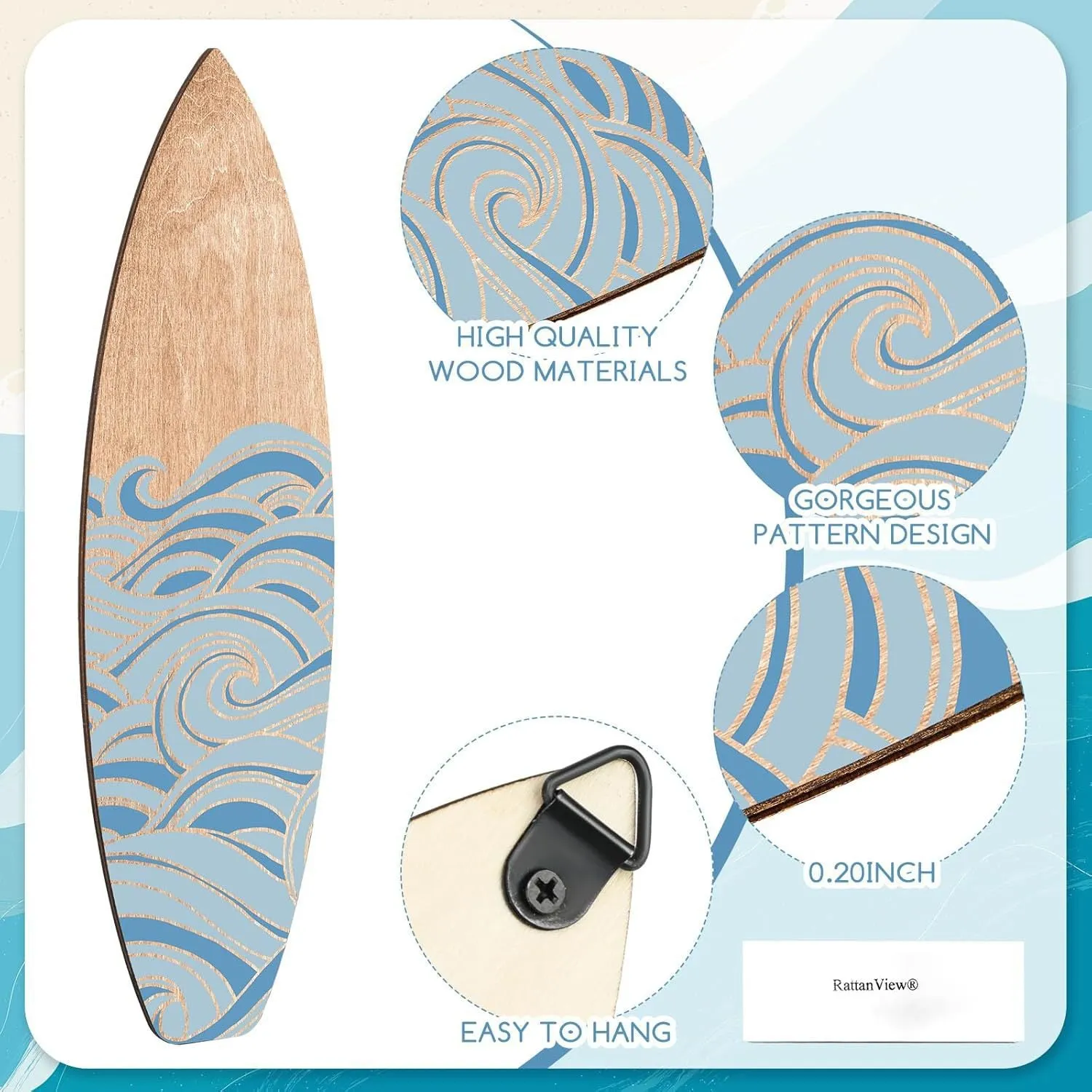 Three wooden surfboard wall decorations with boxwood construction displayed together