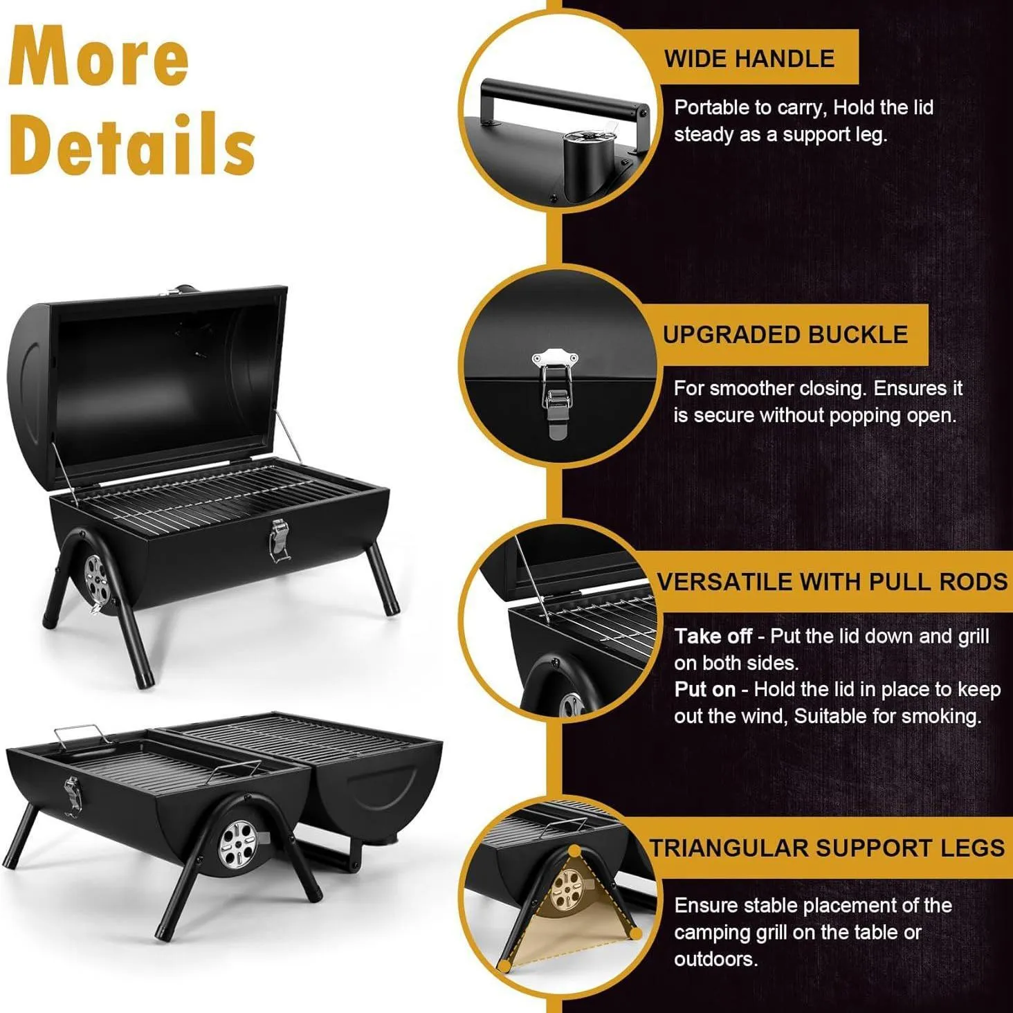 Small black folding metal desktop barbecue with a grill, set up for use.