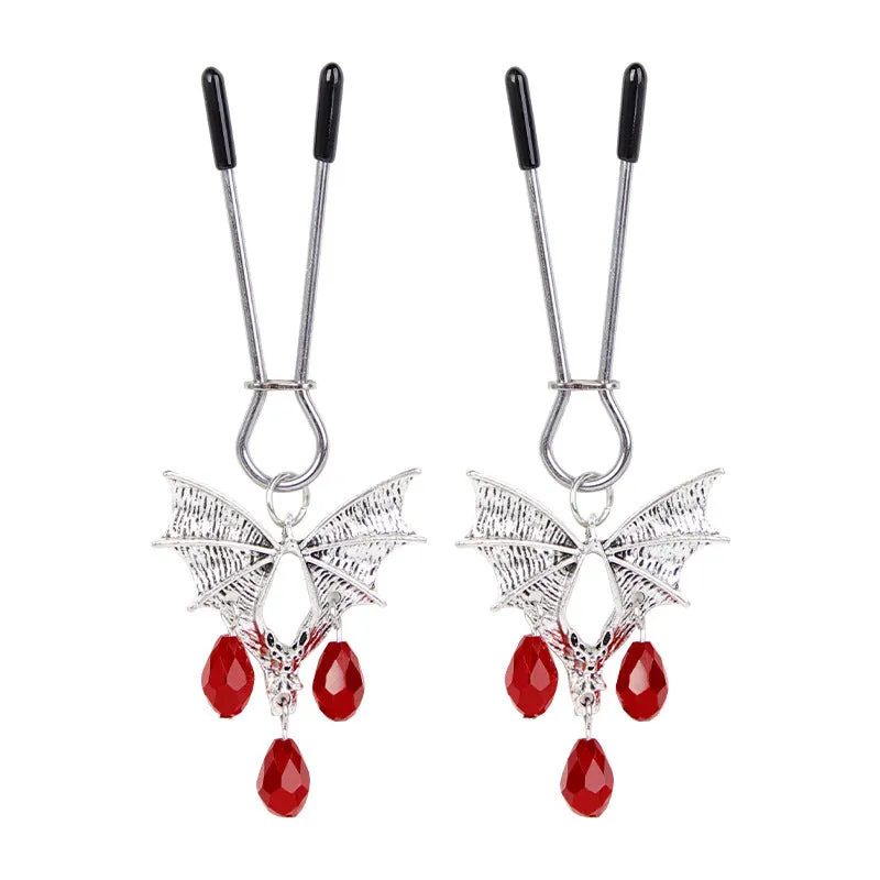 Silver bat nipple clamp with adjustable mechanism and ruby bat clip design