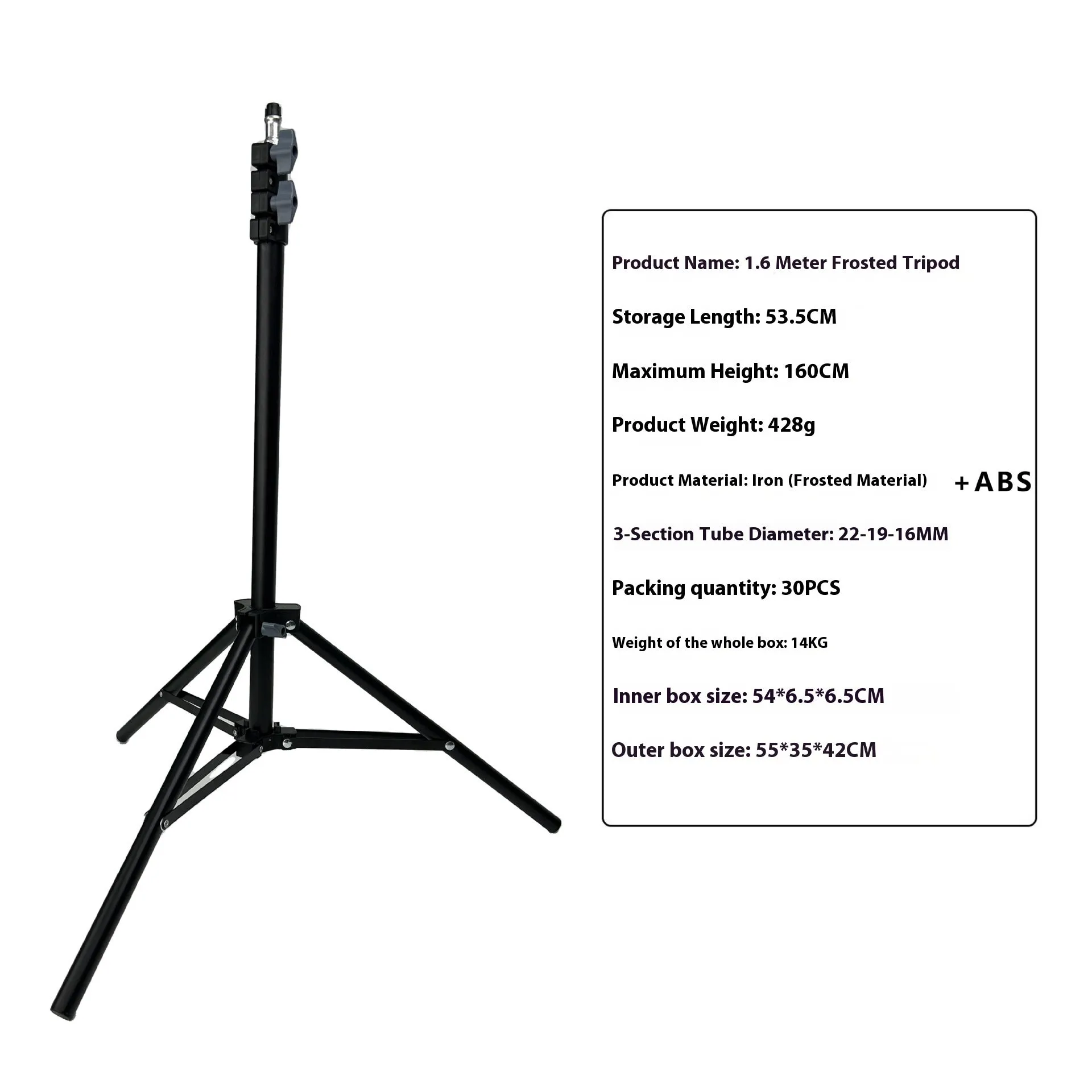 Frosted finish carbon steel tripod light stand with mobile phone holder mounted