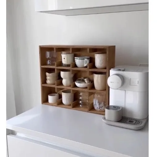 Solid wood multi-layer grid storage rack with birch finish and square compartments for cup organisation