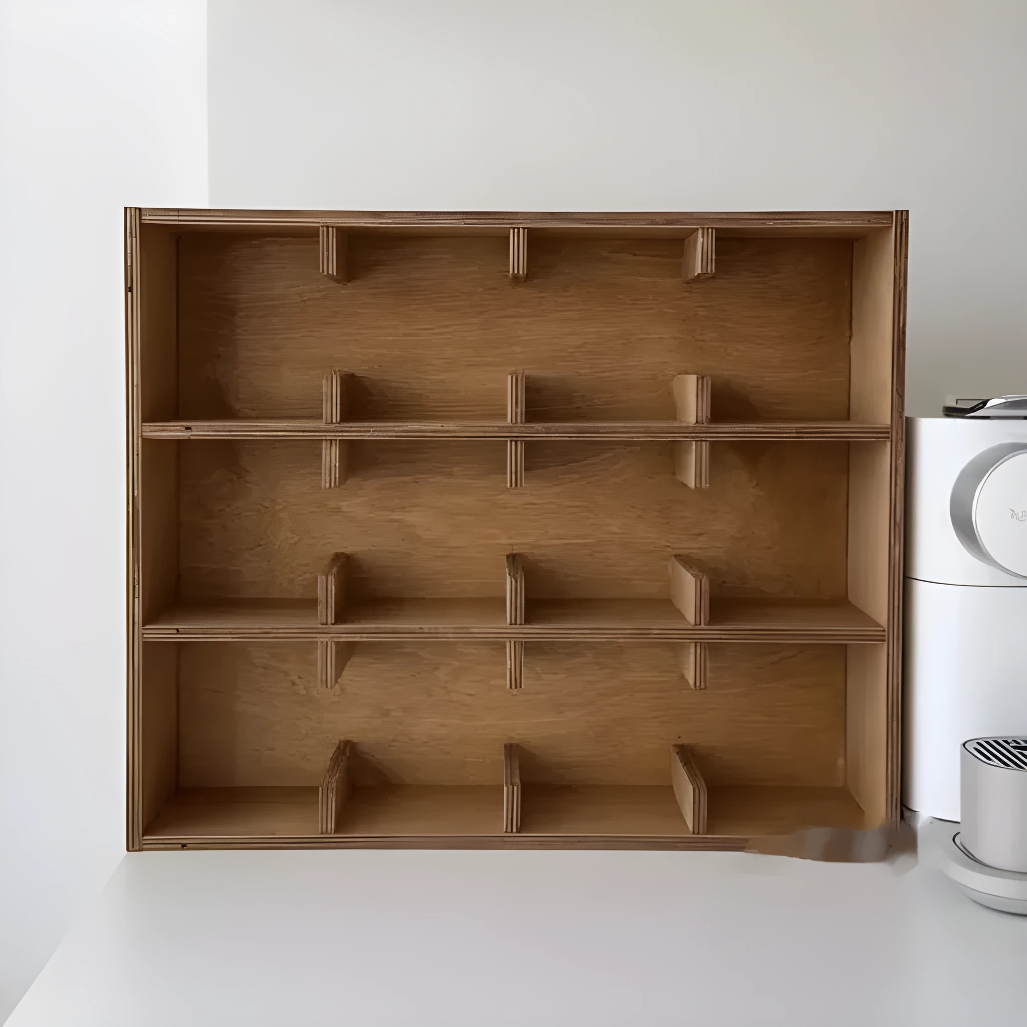 Solid wood multi-layer grid storage rack with birch finish and square compartments for cup organisation