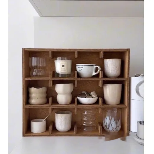 Solid wood multi-layer grid storage rack with birch finish and square compartments for cup organisation