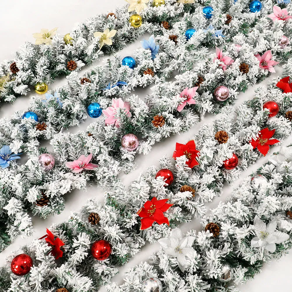 American-style red flocked PVC rattan Christmas garland decoration draped over a mantelpiece.