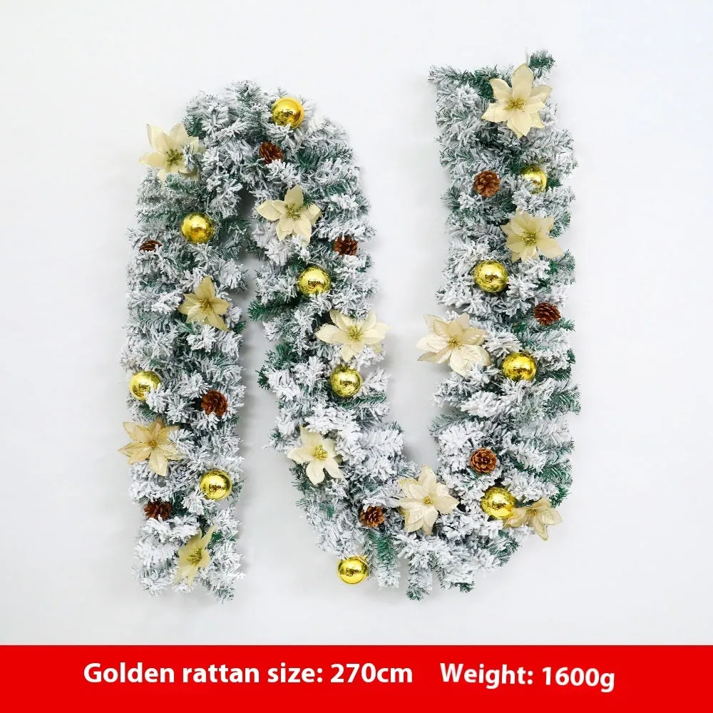 American-style red flocked PVC rattan Christmas garland decoration draped over a mantelpiece.