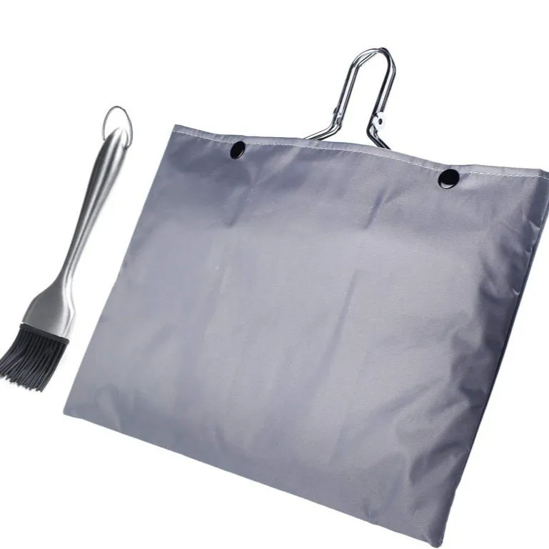 Square stainless steel folding barbecue grill mesh basket with a cleaning brush.