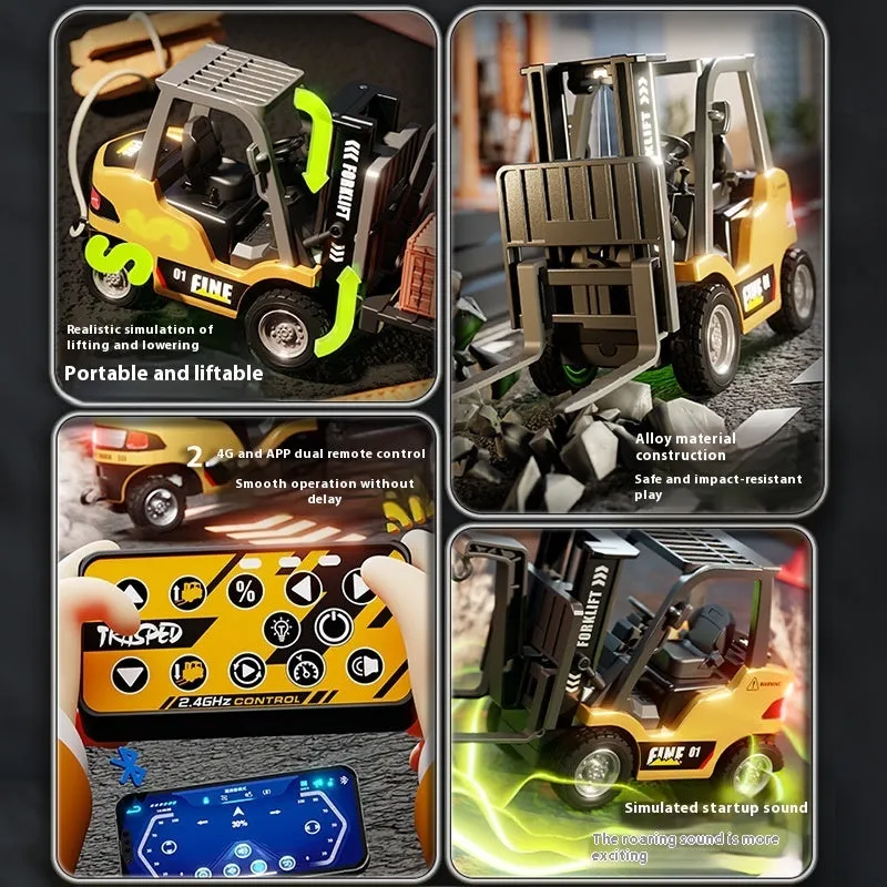 1:64 scale alloy Bluetooth remote control forklift toy with obstacle course accessories