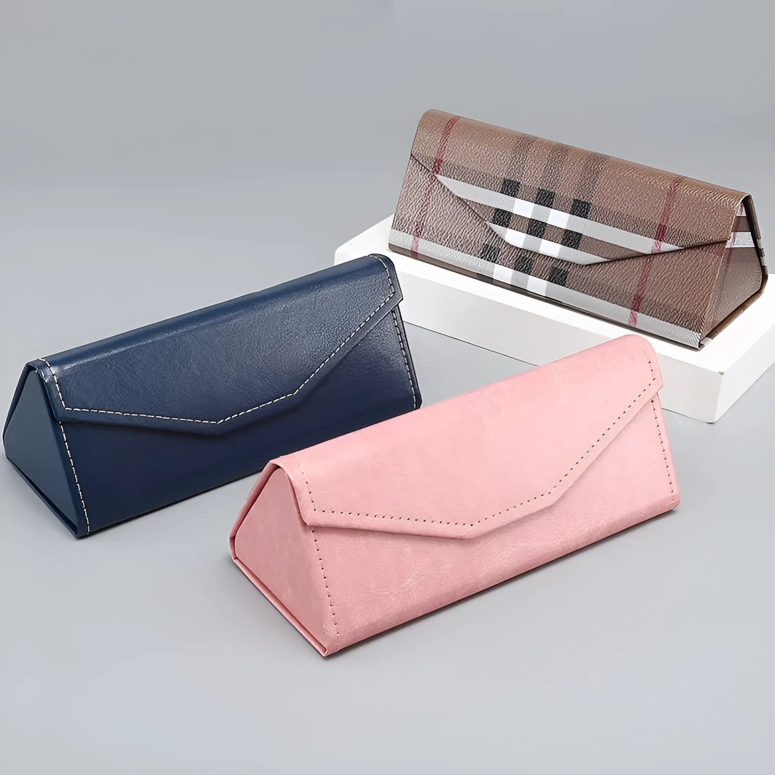 Handmade black PU cowhide triangle folding glasses case for full rim frames.