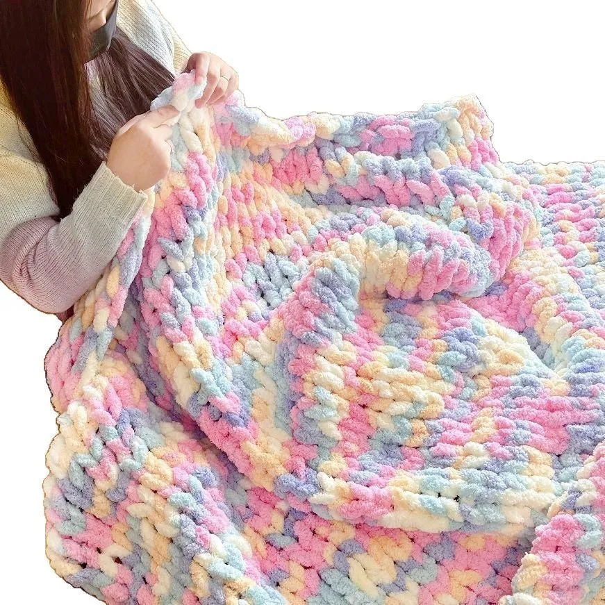 Coarse yarn chenille knitted blanket with braided gravity design in multiple colour options