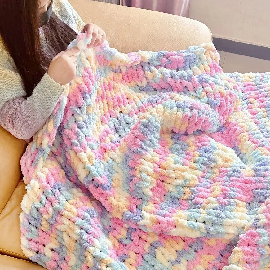 Coarse yarn chenille knitted blanket with braided gravity design in multiple colour options