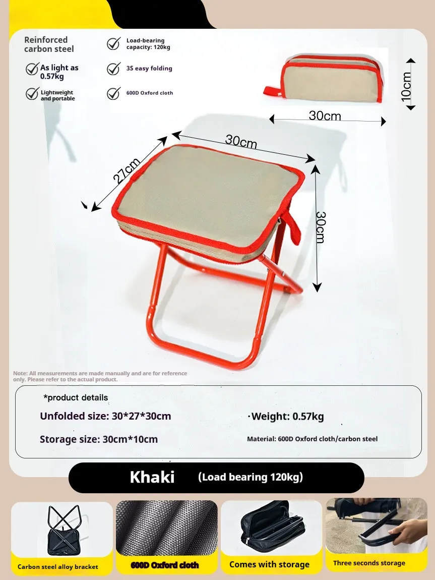 Lightweight foldable camp stool in Oxford cloth, shown folded and unfolded in khaki colour.
