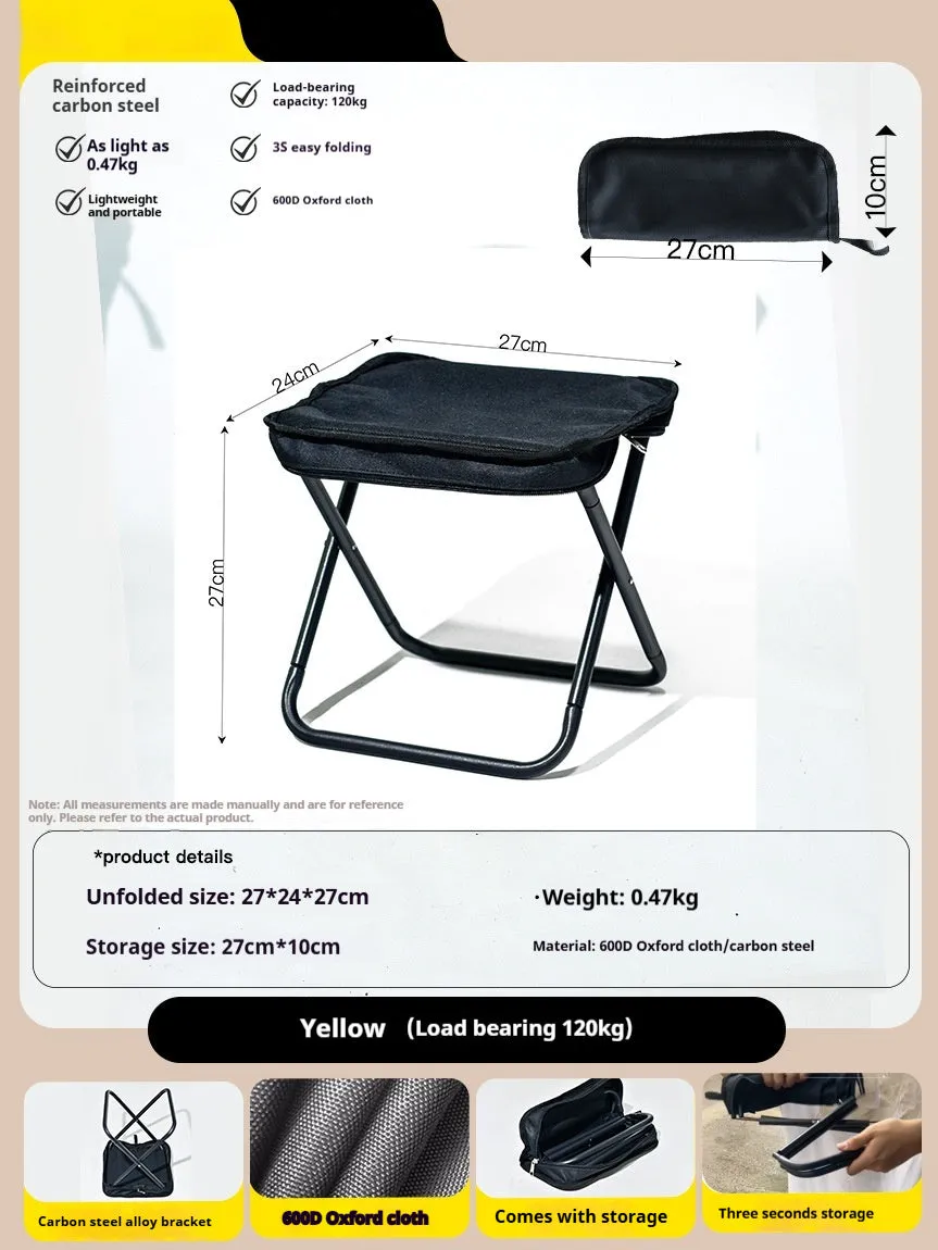 Lightweight foldable camp stool in Oxford cloth, shown folded and unfolded in khaki colour.